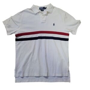 Polo Ralph Lauren Shirt‎ Mens Large White Navy Red Stripe Pony Logo Pique Cotton